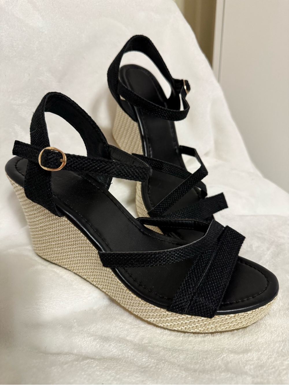 Black Wedge Sandals with Espadrille Platform - Women